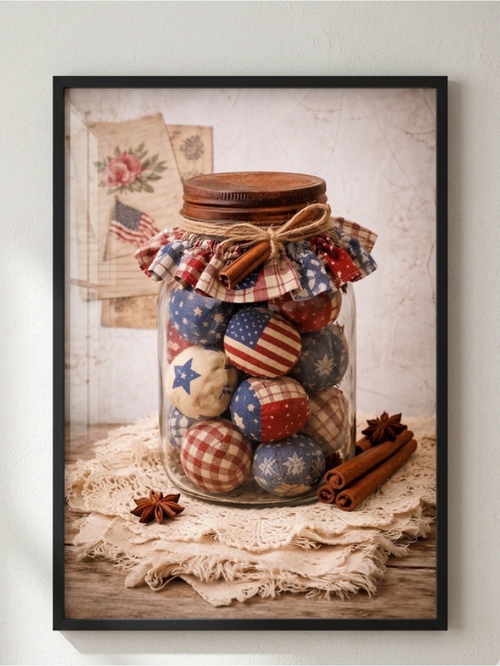 Framed 8x10 of Patriotic Fabric Ball Mason Jar Decor - Red, Blue, Cream